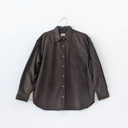 Wilfred Free Button-up Long Sleeve Corduroy Shirt in Dark Green with Collar, Pocket and Light Brown Buttons. Fold and Fray Canada.