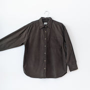 Wilfred Free Button-up Long Sleeve Corduroy Shirt in Dark Green with Collar, Pocket and Light Brown Buttons. 