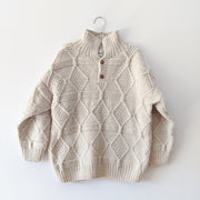 Vintage Cream Wool Sweater Handknit, chunk knit, polo-style collar with wooden buttons.