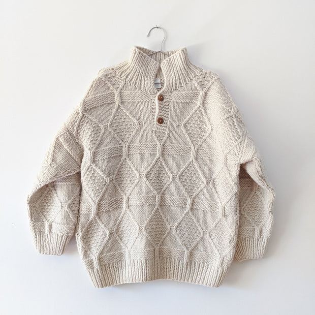 Vintage Cream Wool Sweater Handknit, chunk knit, polo-style collar with wooden buttons.