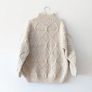 Vintage wool sweater in Light Ecru with collar, back of sweater, chunky knit.