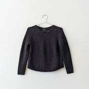 Black wool chunky knit sweater with crew neckline and vertical ribbing. Theory, Jaydee Fine Ultra, Medium.