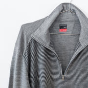 Icebreaker Grey Mock Neck Sweater. Half-Zip Neckline Unzipped. Horizontal Thin Black Stripes on Torso. Merino Wool, Men’s Large.