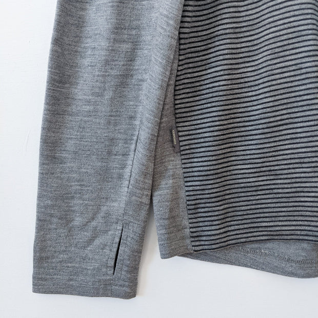 Icebreaker Grey Mock Neck Sweater. Horizontal Thin Black Stripes on Torso, Arm Sleeve with Thumb Hole. Merino Wool, Men’s Large.