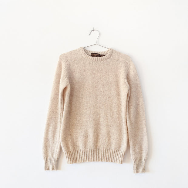 Olde English Lane Vintage Wool Sweater, Crew Neck, Ribbed Cuffs/Hem. Pure Virgin Wool, Light Beige/Cream/Ecru Colour. 