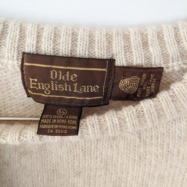 Light Beige/Cream/Ecru Vintage Wool Sweater Label Reading "Olde English Lane, 100% Wool, Pure Virgin Wool, Size Small"