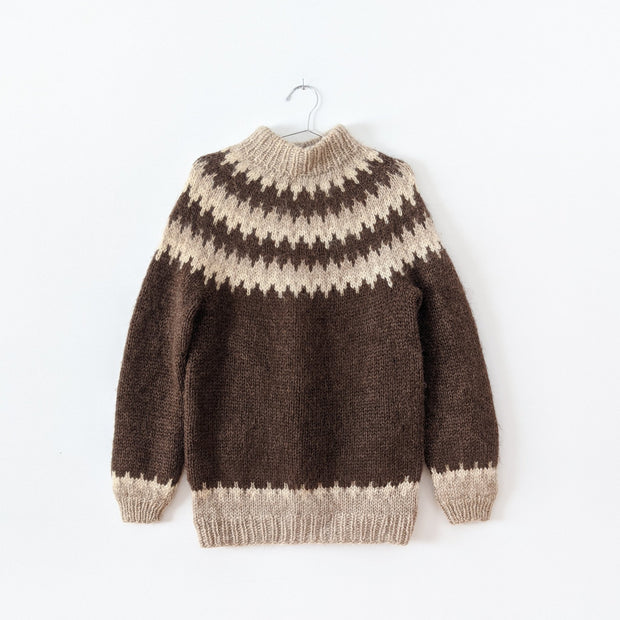 Vintage David Grains Lopapeysa Icelandic Hand Knit Dark Brown Wool Sweater. Light Brown Zig-Zag Pattern at Yoke, Cuffs, Hem.
