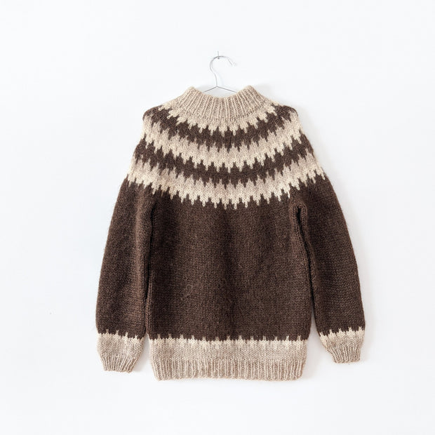 Vintage David Grains Lopapeysa Icelandic Hand Knit Dark Brown Wool Sweater. Light Brown Zig-Zag Pattern at Yoke, Cuffs, Hem.