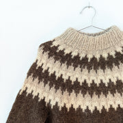 Light Brown Zig-Zag Pattern at Yoke on Vintage David Grains Lopapeysa Icelandic Hand Knit Dark Brown Wool Sweater.