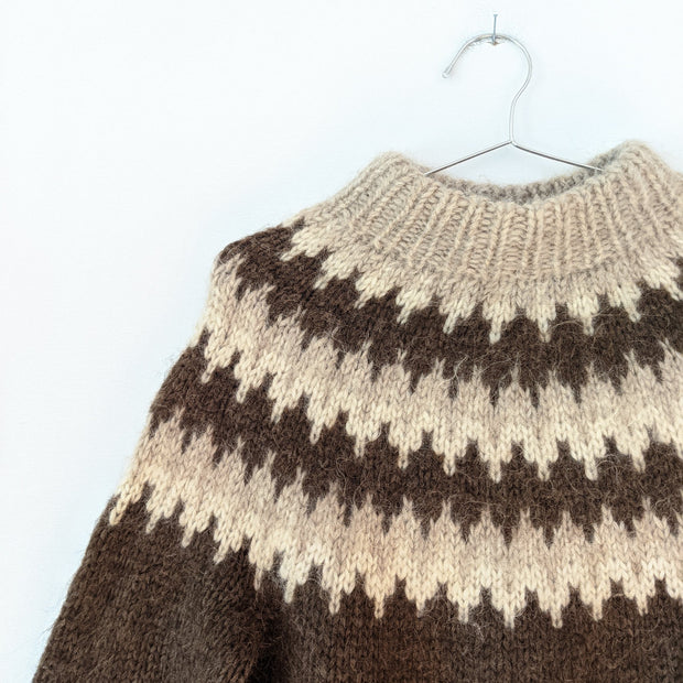 Light Brown Zig-Zag Pattern at Yoke on Vintage David Grains Lopapeysa Icelandic Hand Knit Dark Brown Wool Sweater.