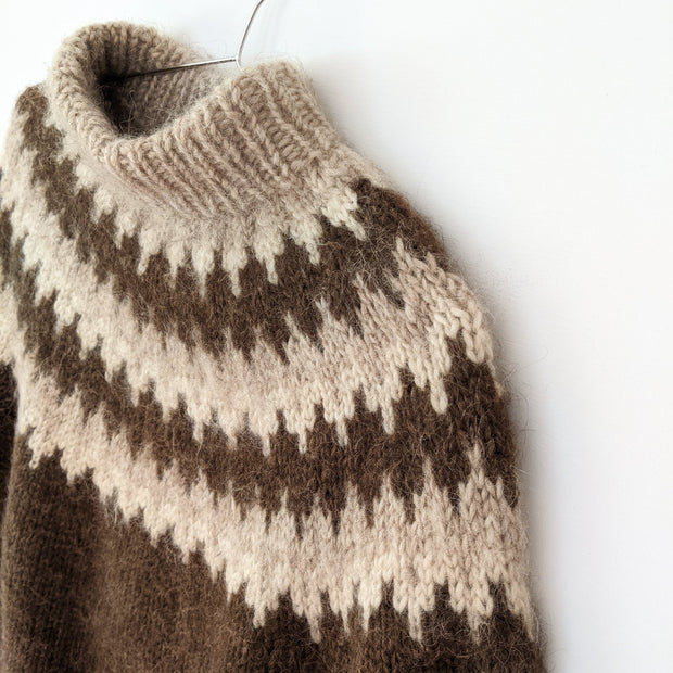 Light Brown Zig-Zag Pattern at Yoke on Vintage David Grains Lopapeysa Icelandic Hand Knit Dark Brown Wool Sweater.