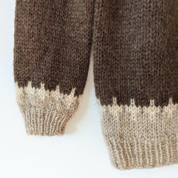 Light Brown Cuffs and Hem on Vintage David Grains Lopapeysa Icelandic Hand Knit Dark Brown Wool Sweater.