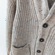 Inis Crafts Merino Wool Beige Cardigan Sweater. Close-up Beige Tweed Specked Wool, 5 Buttons. Made in Ireland, Mens Medium.