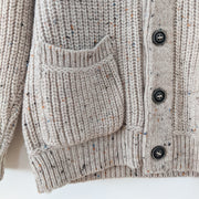 Inis Crafts Merino Wool Beige Cardigan Sweater. Close-up Beige Tweed Specked Wool, Pockets. Made in Ireland, Mens Medium.