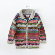 Vintage Native Arts Crafts Wool Cardigan Sweater. Shawl Collar, Front Pockets, Multi-Coloured, Horizontal Print with Grey Trim.