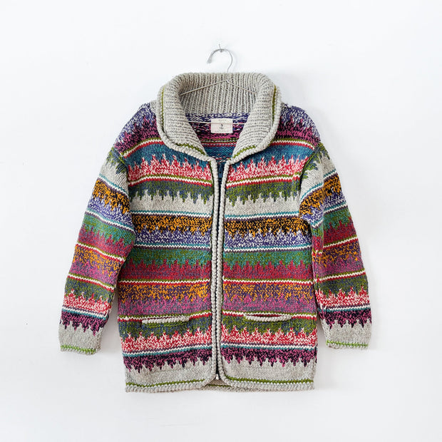 Vintage Native Arts Crafts Wool Cardigan Sweater. Shawl Collar, Front Pockets, Multi-Coloured, Horizontal Print with Grey Trim.