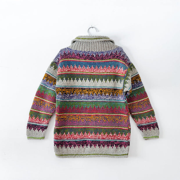 Vintage Native Arts Crafts Wool Cardigan Sweater, Wool Cowichan Sweater, Multi-Coloured, Horizontal Print with Grey Trim.