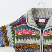Close-up of Light Grey Cowichan Sweater, Vintage Native Arts Crafts Cardigan Sweater, Multi-Colour Print. Fold and Fray Canada.
