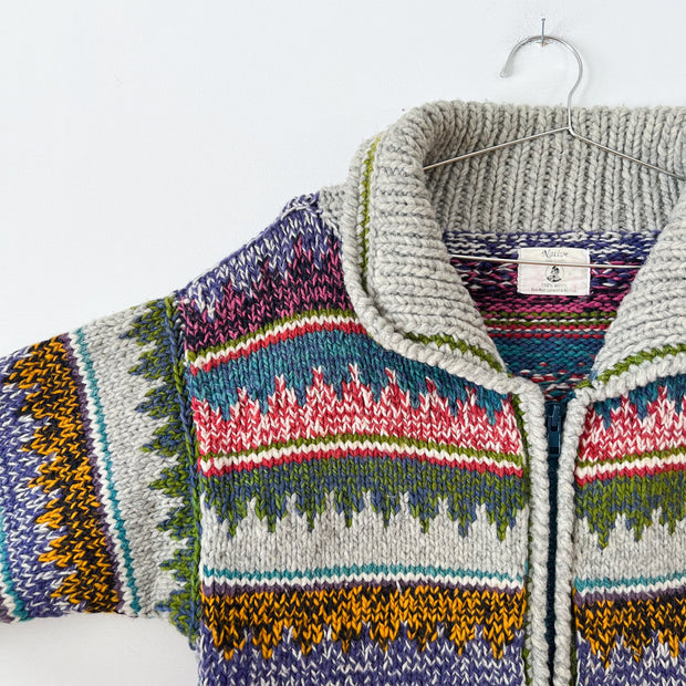 Close-up of Light Grey Cowichan Sweater, Vintage Native Arts Crafts Cardigan Sweater, Multi-Colour Print. Fold and Fray Canada.