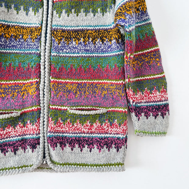 Close-up of Light Grey Cowichan Sweater, Vintage Native Arts Crafts Cardigan Sweater, Multi-Colour Print. Fold and Fray Canada.