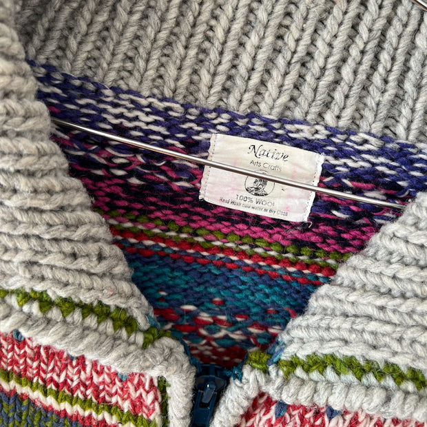 Label on Light Grey Cowichan Sweater, Vintage Native Arts Crafts Cardigan Sweater, Multi-Colour Print, Canada.