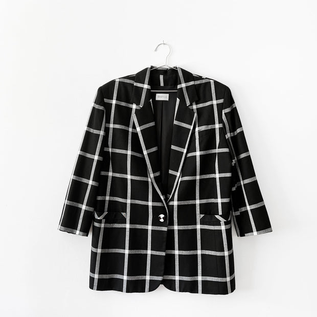 Vintage Bianca Blazer, Black Blazer with White Large Windowpane Print. One-Button, Notch Lapel, Pockets, Women’s 12. Canada.