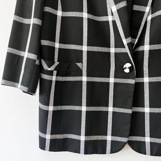 Close up of Sleeve Cuff, Pocket and Black and White Button on Black and White Windowpane Print, Vintage Bianca Blazer.