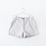 Beige High Waisted Khaki Shorts. Campus Crew Women’s 8. Greige/Off-White Cotton Shorts, Side Slash Pockets, Belt loops.