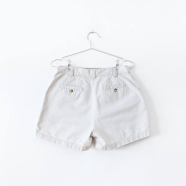 Beige High Waisted Khaki Shorts. Campus Crew Women’s 8. Greige/Off-White Cotton Shorts, Back Welt Pockets, Belt loops.