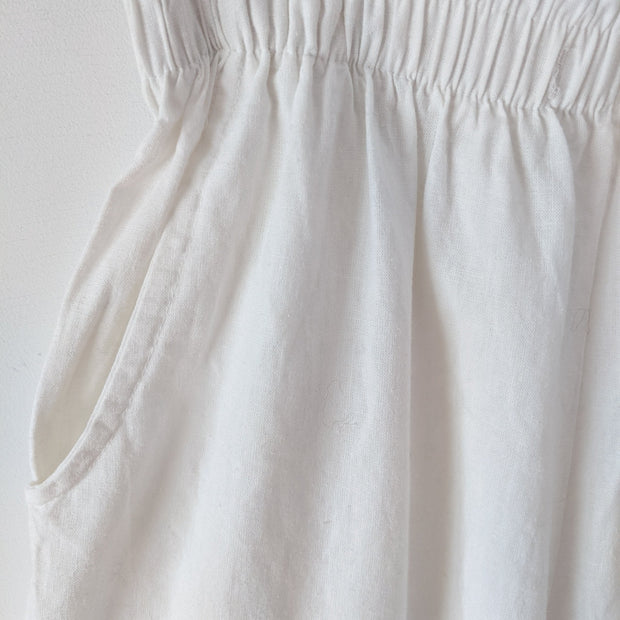 Close-up of elastic waistband and pocket on off-White high-waist wide-leg crop pants. Likely made from linen or cotton. Secondhand natural fiber clothing from Fold and Fray.