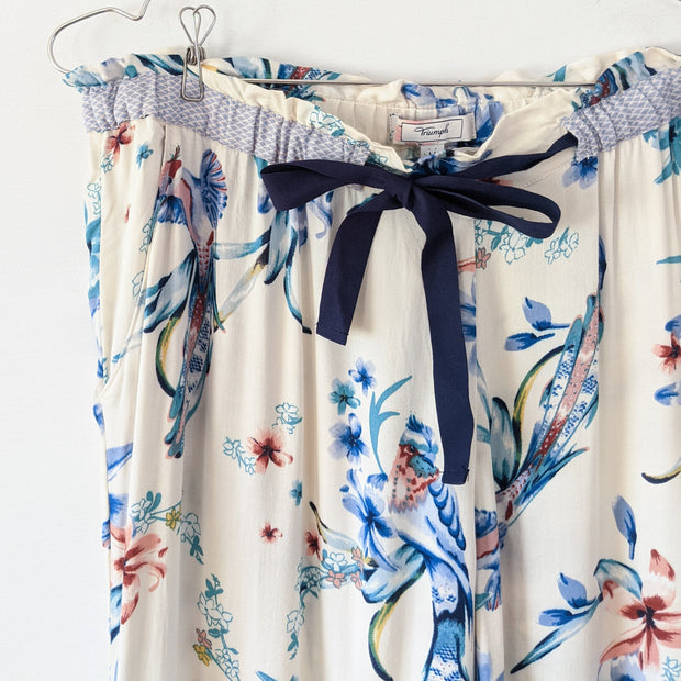 Viscose Triumph Tropical Bird Print Pyjama Pant, Hummingbirds and Leaves. Navy Blue Drawstring with Light Blue Waistband. 