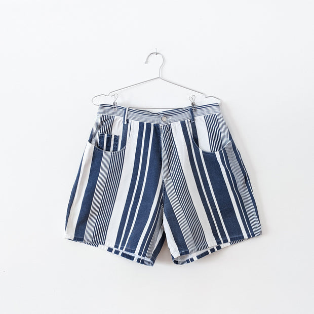 Vintage Navy/White Vertical Stripe High Waisted Denim Shorts. Sun Sations Sports Wear, Women’s 13 Style 13708H. 3 Pockets.