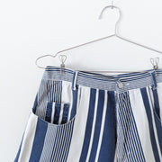 Vintage Navy/White Vertical Stripe (Varied Sizes) High Waisted Denim Shorts. Close-up of Front Pocket with Mini Pocket.