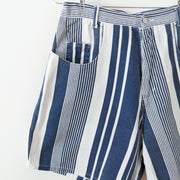 Vintage Navy/White Vertical Stripe (Varied Sizes) High Waisted Denim Shorts. Sun Sations. Close-up of Stripes and Pocket.