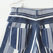 Vintage Navy/White Vertical Stripe (Varied Size) High Waisted Denim Shorts. Close-up of Back Pockets and Varied-Size Stripes.