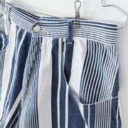 Vintage Navy/White Vertical Stripe (Varied Size) High Waisted Denim Shorts. Close-up of Navy/White Striped Fabric.