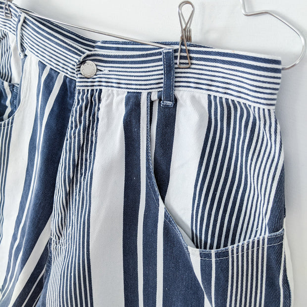 Vintage Navy/White Vertical Stripe (Varied Size) High Waisted Denim Shorts. Close-up of Navy/White Striped Fabric.