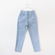 Pale Light Blue Vintage 90's Columbia Sportswear High Waisted Jean, Size 14. Back View. Fold and Fray.