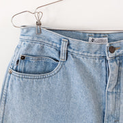 Pale Light Blue Vintage 90's Columbia Sportswear High Waisted Jean, Size 14. Close up of Front Pocket with Rivets.
