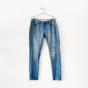 Calvin Klein Slouchy Slim Jeans, Style WF21A02, Women’s 26/2. Light Blue Mid-Rise Boyfriend Jeans, Visible Mending.