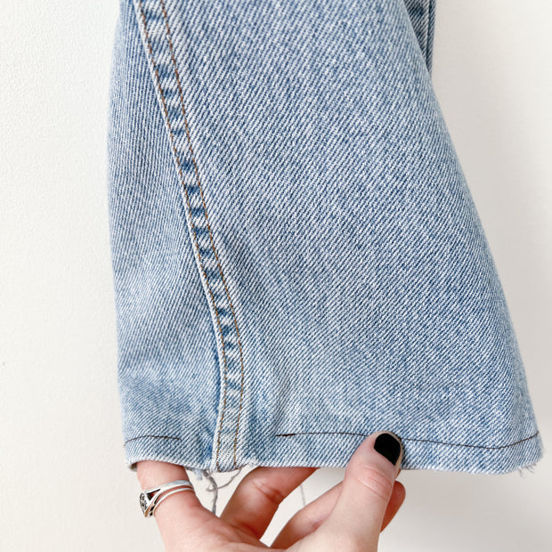 Raw Altered Cuff on Distressed Pale Blue Vintage Levi’s 516 32X32 Slim Fit Straight Leg Jeans, Made in Canada.