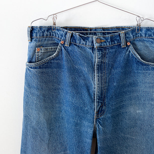 Vintage Levi’s 619 38X32 Jeans, Blue Denim, 1960/70 Levi’s Orange Tab 50619 0217. Blue Jeans, Close-up, Minor Fading.