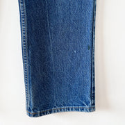 Vintage Levi’s 619 38X32 Blue Jeans. Close up of Minor Distressing and Paint Mark on Orange Tab 19670’s Levi’s 50619 0217.
