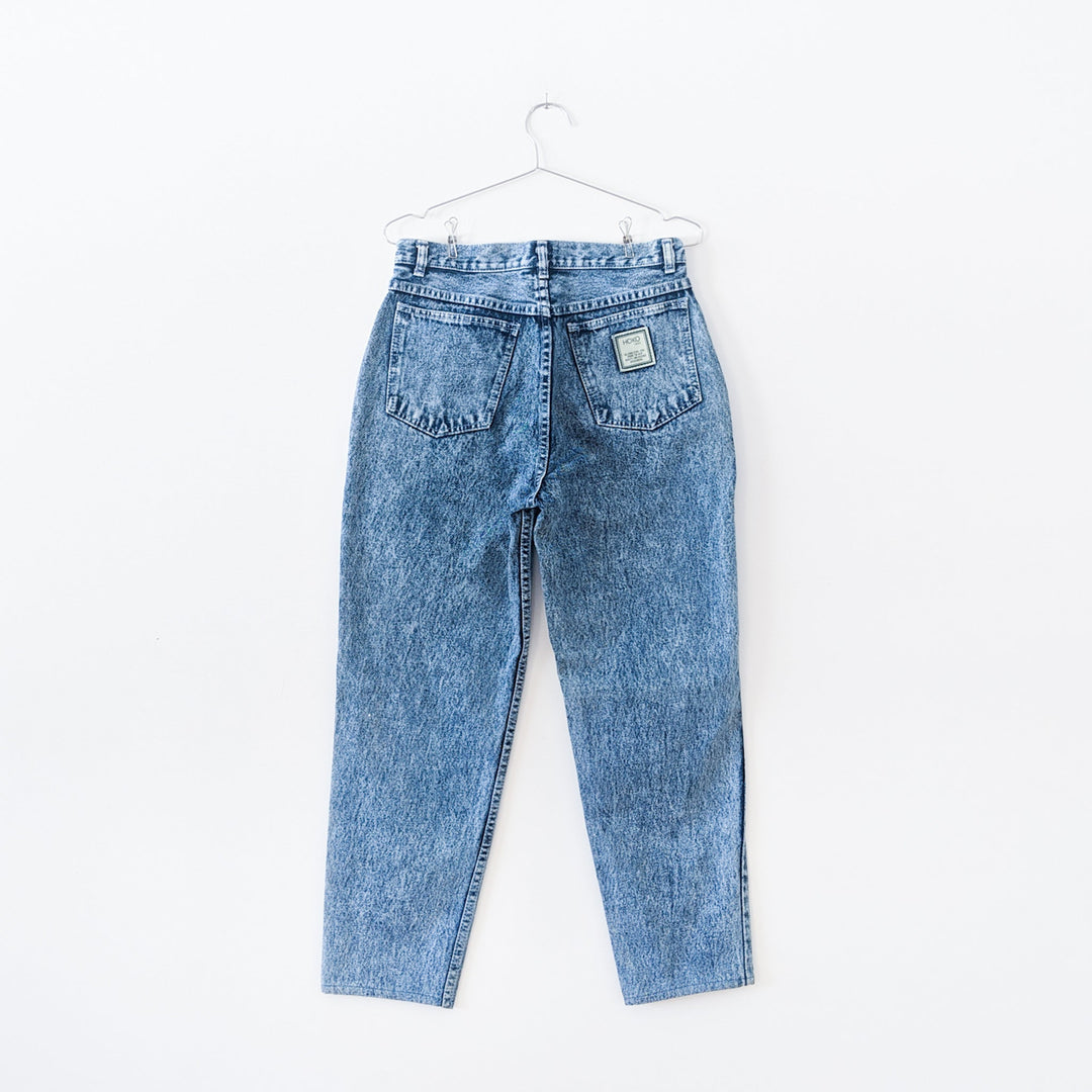 High Waisted Vintage Hoko Jeans Acid Wash Blue Denim Fold and Fray
