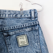 High-Waisted Vintage Hoko Jeans, Acid Wash Blue Denim, Women’s 32. Back Pocket with Logo Patch: Hoko 1937.