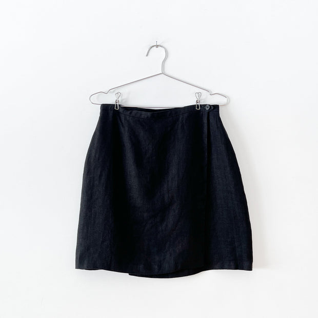 Vintage Black Linen Wrap Skirt. Hechter Basics, Style 1207E-1761, Women’s 8. Above-the-Knee A-Line Wrap Skirt with Button.