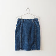 Vintage cotton denim knee-length skirt in Indigo Blue with front pockets and waistband beltloops.