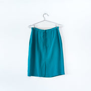 Back of Vintage Teal Silk Skirt, YL by Yair Petites Women’s 6. Highwaisted Silk Skirt, Hidden Zipper and Bottom Black Slit.