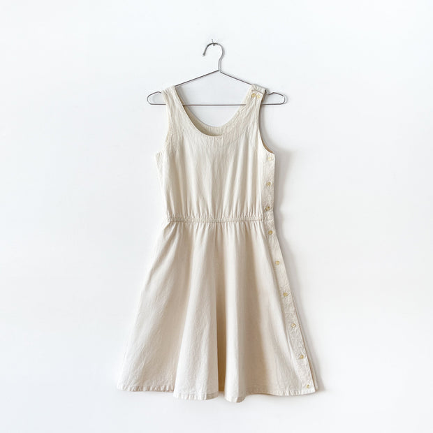 Vintage 1980’s Andrew Harvey Natural Cotton Cream Sleeveless A-Line Dress. Buttons up the Left Side. Women’s 4. Fold and Fray in Canada.