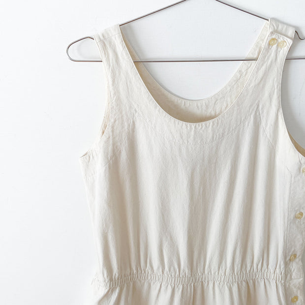 Vintage 1980’s Andrew Harvey Cream Sleeveless A-Line Dress, Scoop Neck, Buttons at Left Strap.Women’s 4. Fold and Fray in Canada.